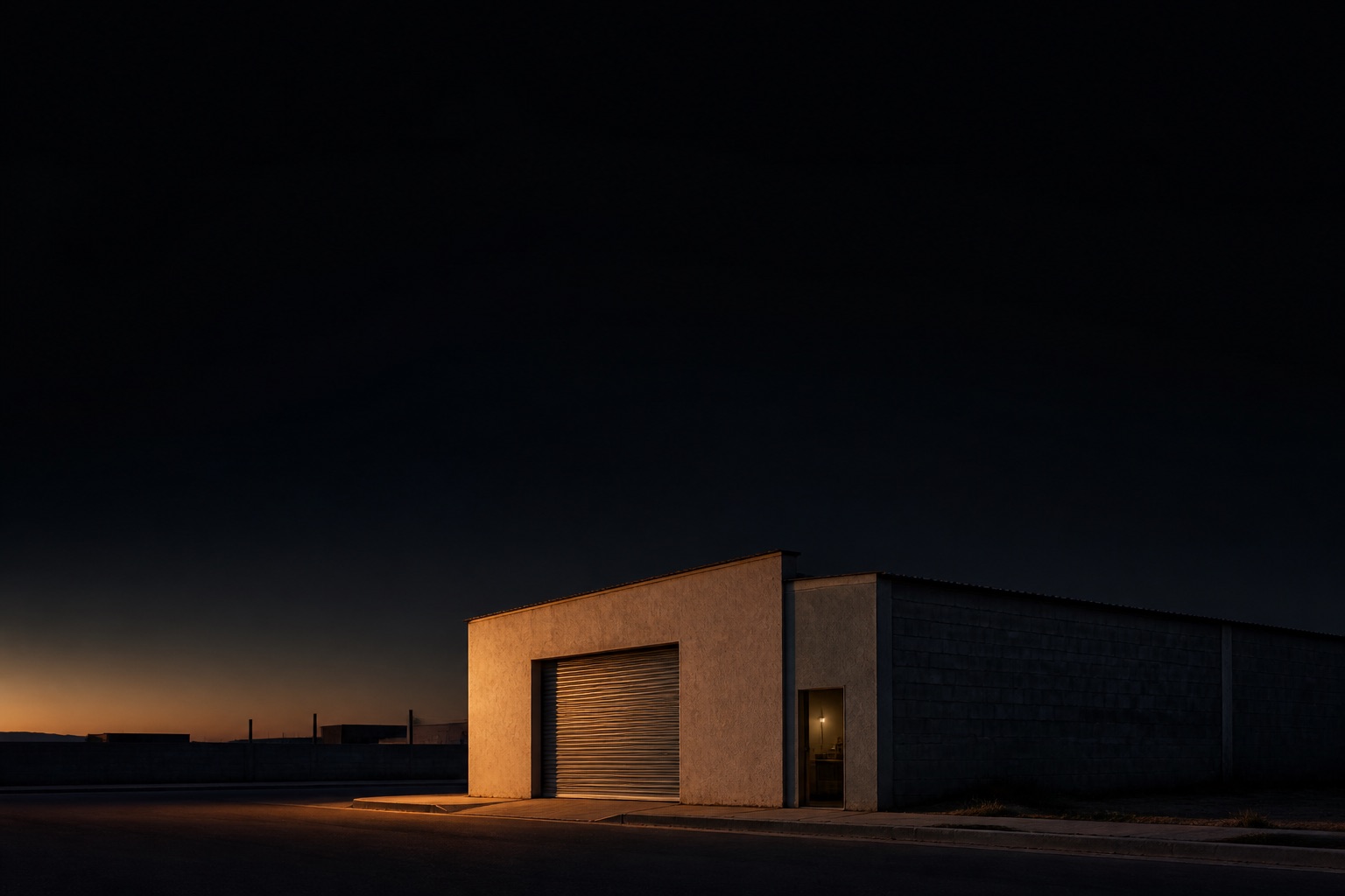 Fotografía ilustrativa: un taller industrial al amanecer con una luz encendida adentro